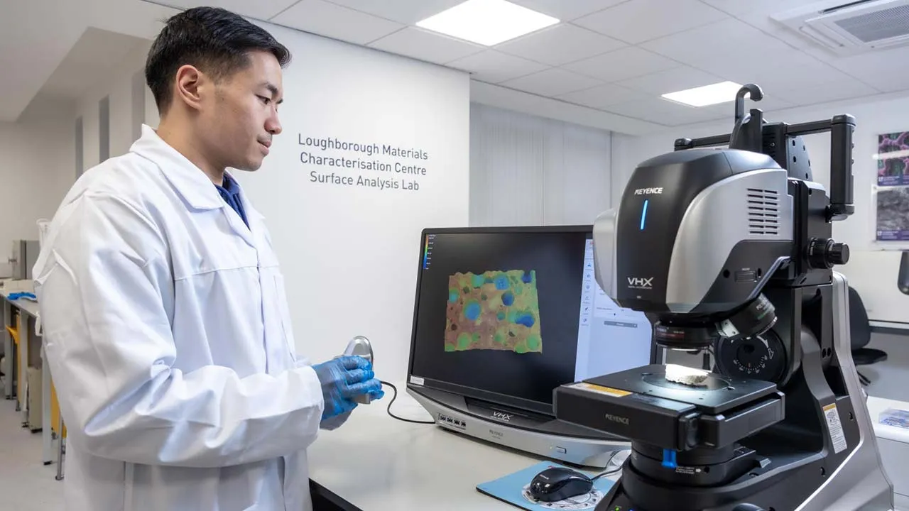 A man in a lab coat examines a microscope, focused on his research in a laboratory