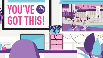 Illustration of a desk under a window with a view of Hazlerigg Building and a board with 'you've got this' written on.
