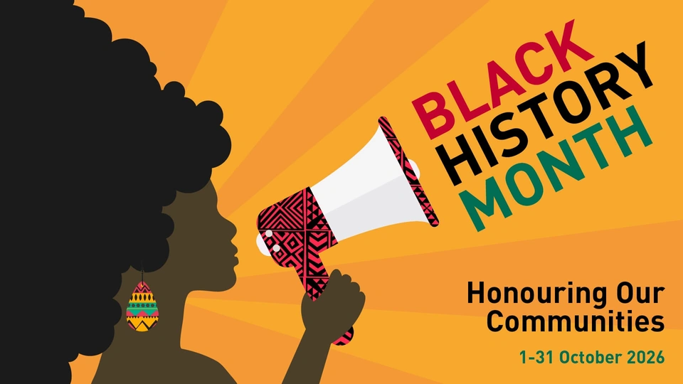 Silhouette of a woman holding a megaphone with text coming out of it like sound reading 'Black History Month: Honouring Our Communities'