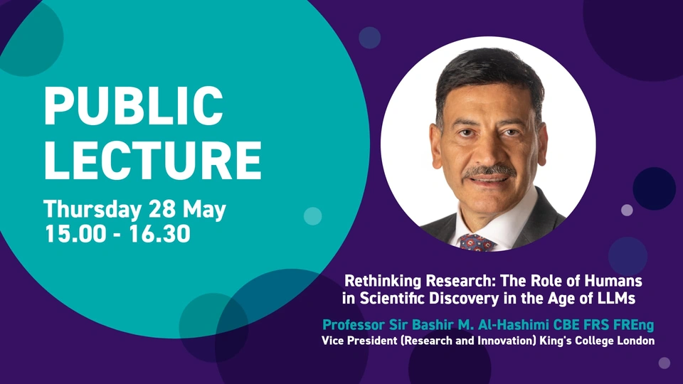 Close-up of Professor Sir Bashir M. Al-Hashimi CBE FRS FREng inside a circle frame on a purple background alongside the event details.