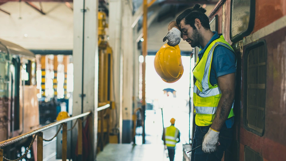 Construction worker struggling in the heat with hard hat