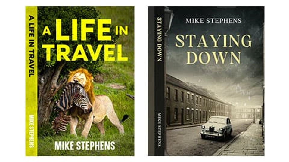 A screenshot of Mike's two books, A Life in Travel and Staying Down. The book A Life in Travel has an image of a lion eating a zebra amongst some green foliage. The book staying down has a photo of a card in between two rows of houses and the sky is grey and there is a dark tint to the image which makes it look old.