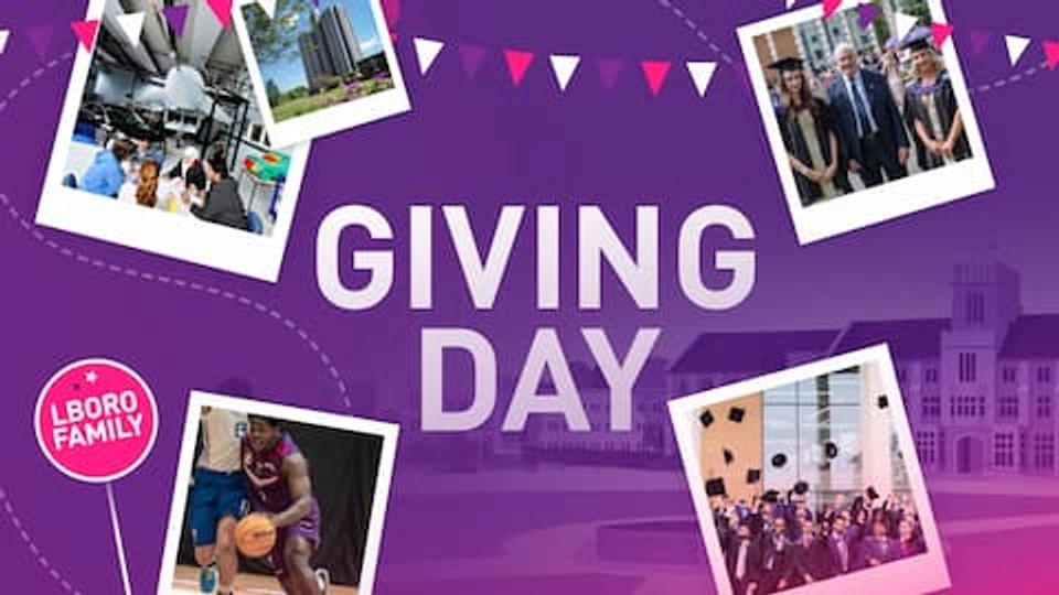 A purple graphic with an image of campus in the background. There are polaroid photographs across the graphic. Text reads: Giving Day