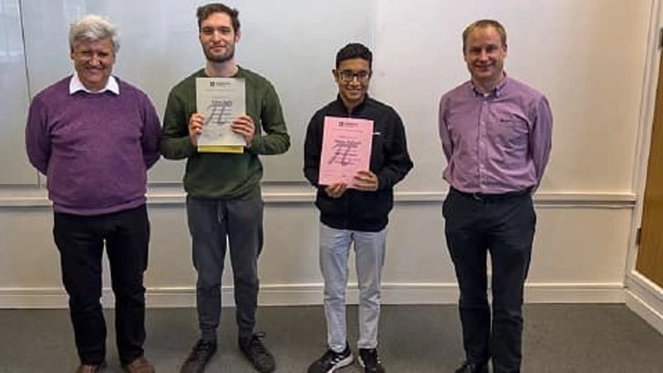 Winners Ethan Eglite and Sourav Debnath received their prizes from Professor Veselov and Dr Brian Winn.