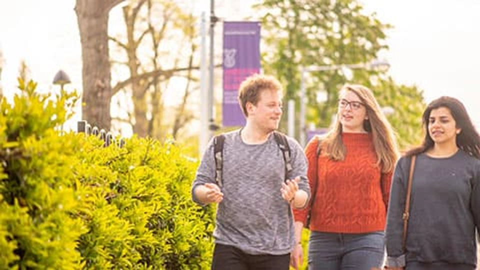 Three students walking outside with green trees and bushes behind them