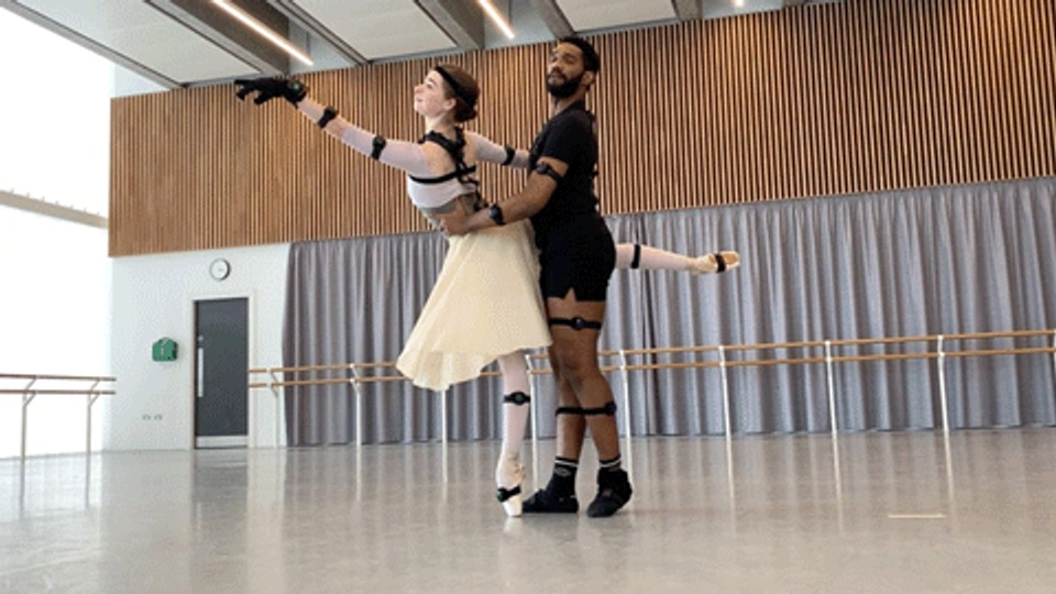 First Soloist Junor Souza and First Artist Rebecca Blenkinsop dancing in the sensor suits.