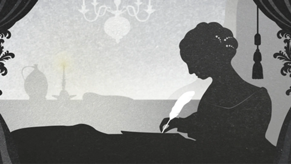 a cartoon drawing in black and white of a woman writing with a quill during the regency period