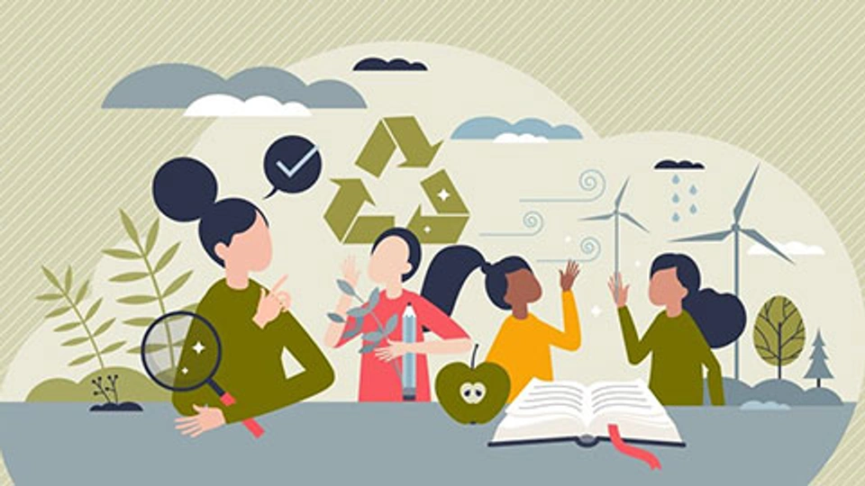 An illustration showing four people surrounded by a selection of environmental images - including wind turbines, recycling symbol