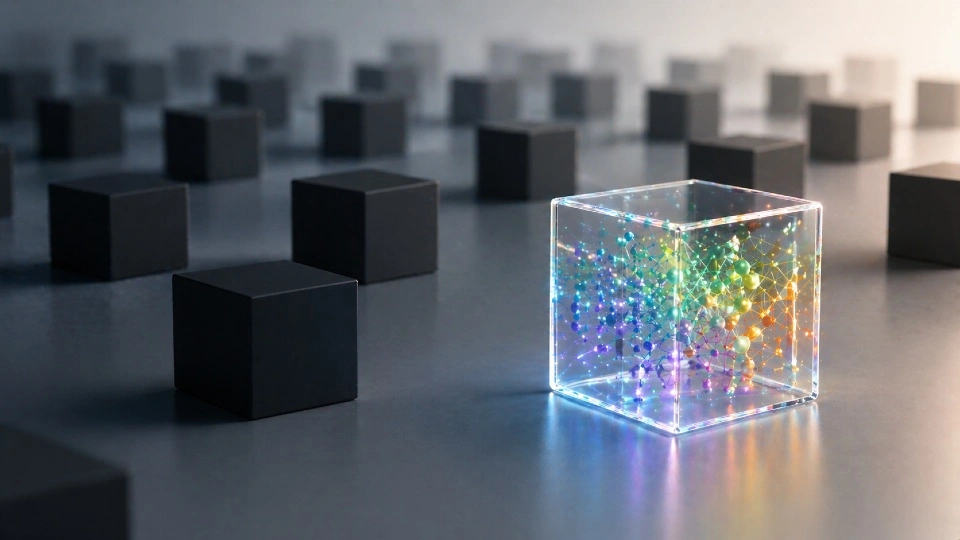 A glowing transparent cube with a colourful network inside sits in the foreground, surrounded by many dark opaque cubes in the background.