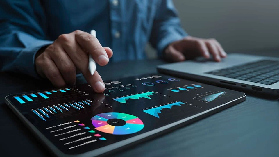 A worker using a tablet with graphs