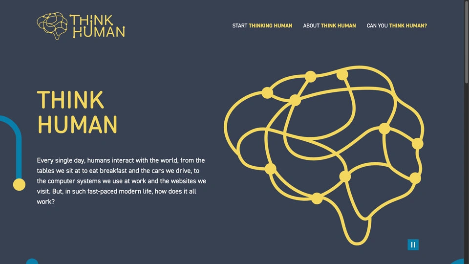 A screengrab of the Think Human website, with a graphic of a brain against a dark background