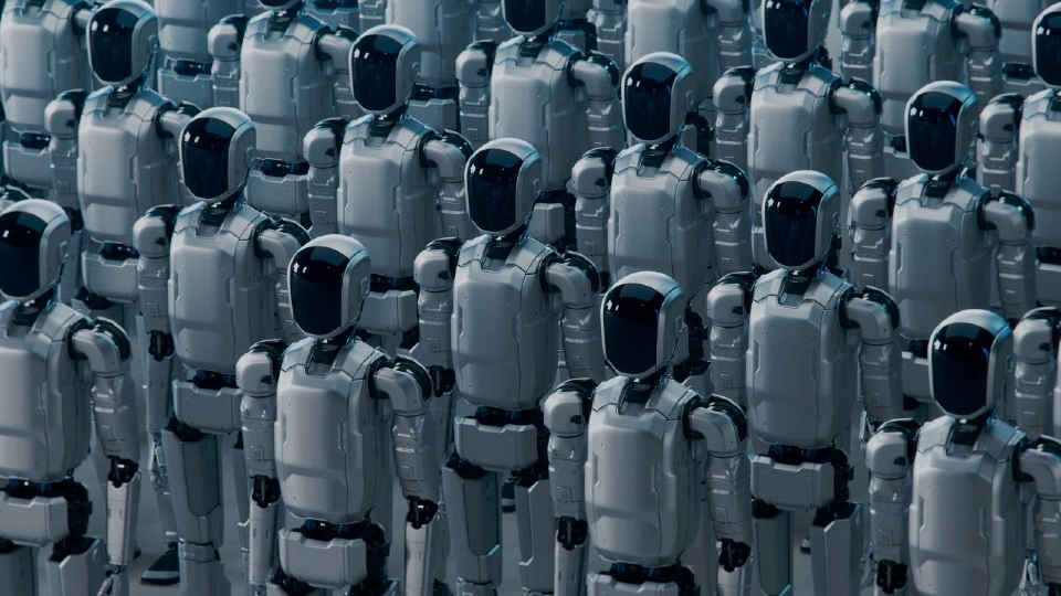 Isometric view of Rows of Standing Futuristic Industrial Humanoid Robots with Glass Visors. Large Amount of Humanoid Robots Standing in Rows - stock photo