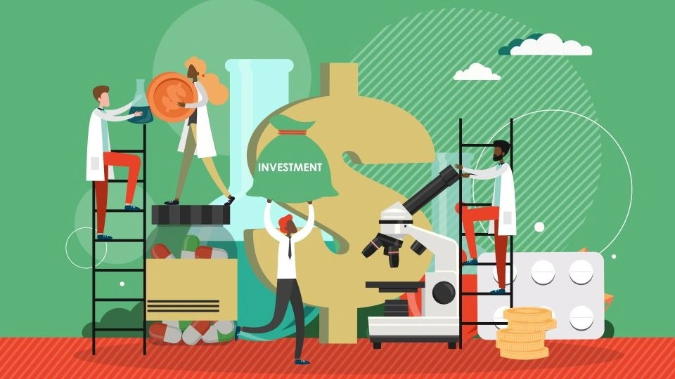Graphic illustrating investment in university research with a dollar sign, a person carrying a bag of money and icons representing science research