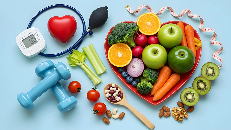 Fruit and vegetables scattered on a table and on a red heart shaped plate alongside a blood pressure monitor, a wooden spoon, a tape measure and 1kg weights