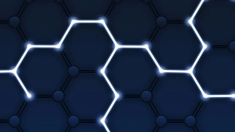 A hexagonal dark blue grid with a light blue line connecting some of the points