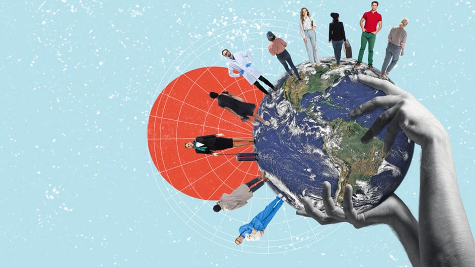 Illustration of diverse people standing around a globe held by large hands, with red and blue graphic elements in the background.