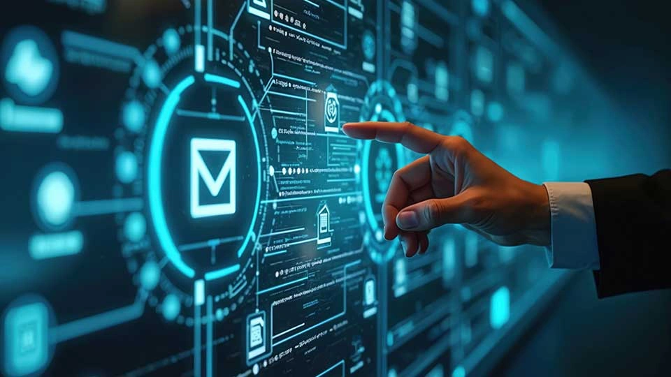 A person’s hand interacting with a digital interface displaying email icons, data charts, and technology-related graphics in glowing blue tones.