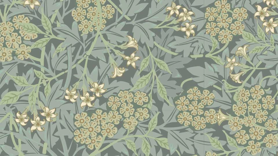 A wallpaper design featuring a willow pattern with intricate floral motifs in soft, natural colors.