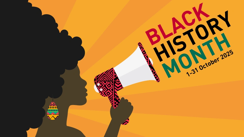 Illustration for Black History Month featuring a silhouette holding a patterned megaphone against an orange background with rays. Text reads: Black History Month, 1 - 31 October 2025.