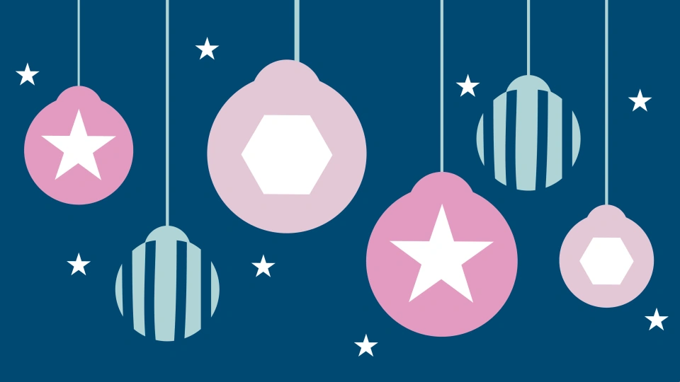 Illustration of hanging ornaments with stars, stripes, and hexagon shapes on a dark blue background with scattered white stars.
