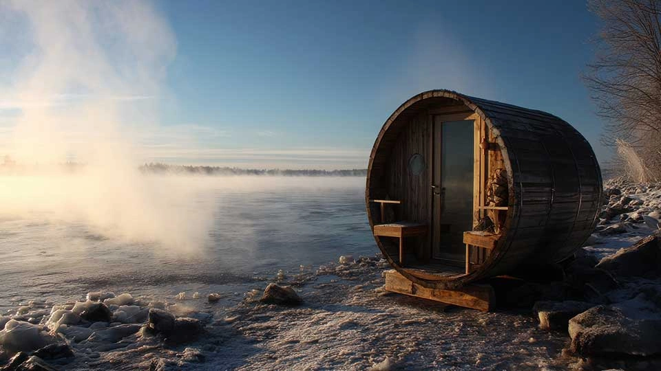 A wooden barrel-shaped sauna sits on a snowy lakeshore, with steam rising from the water under a clear blue sky.