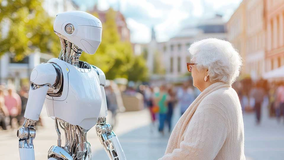 A humanoid robot in a white and silver design stands outdoors, facing an older person in a light cardigan on a busy city street.