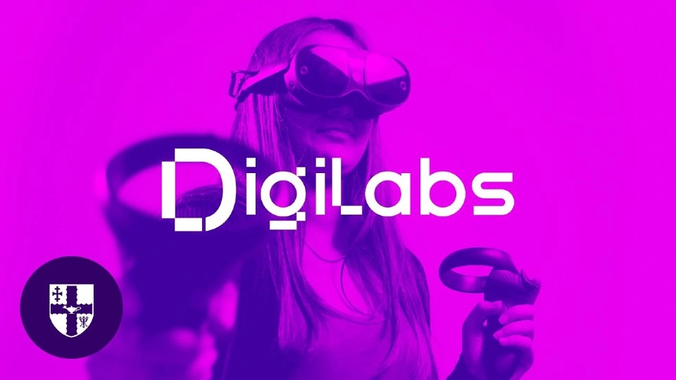 Pink and purple image of a person using a VR headset with the DigiLabs logo layered on top.