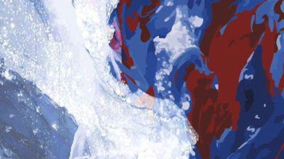 Abstract image showing swirling red and blue shapes with white streaks, representing fire and ice.
