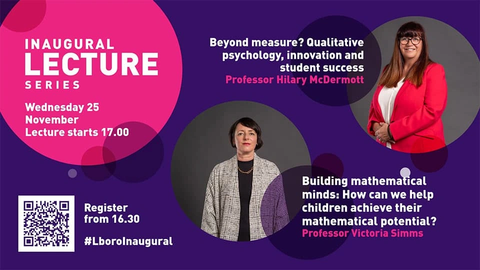 Professor Hilary McDermott and Professor Victoria Simms and their lecture titles on a purple and pink background