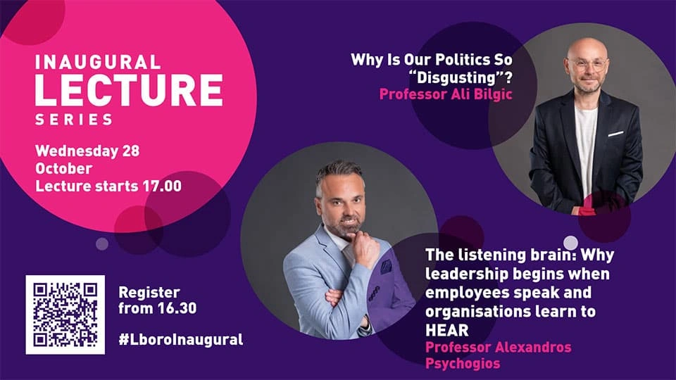 Professor Ali Bilgiç and Professor Alexandros Psychogios with lecture titles on a purple and pink background