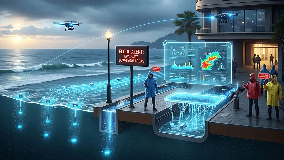 Graphic of people standing on a dock alongside a flood alert sign with drones hovering above them.