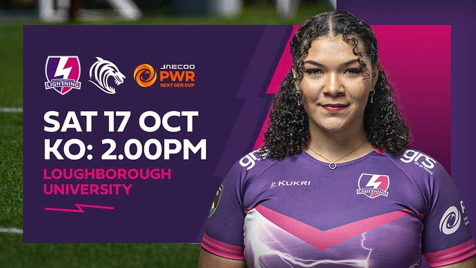 Loughborough Lightning player on a purple and pink background smiling with the event details in text