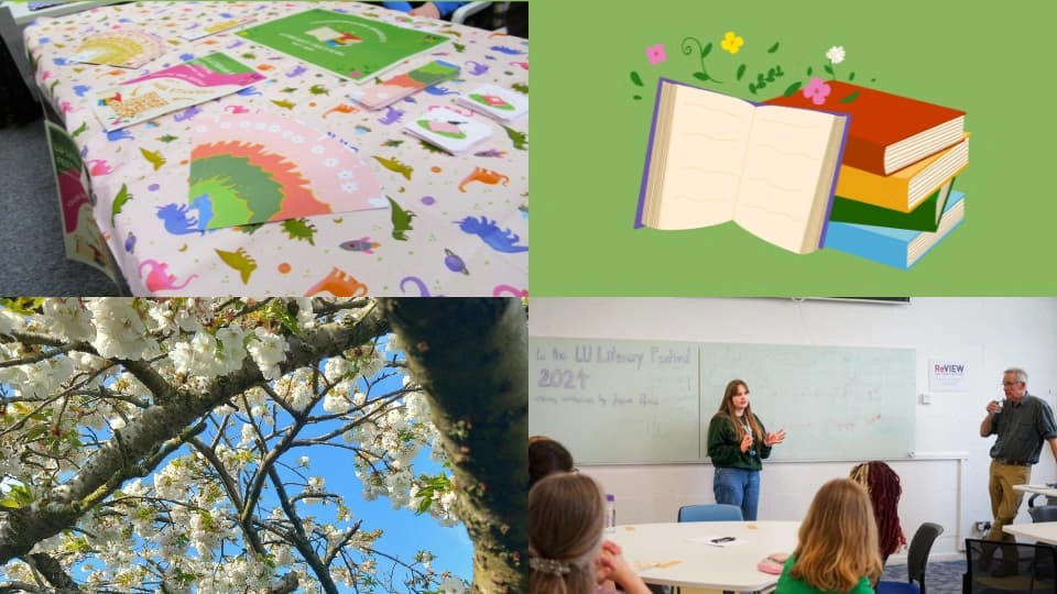 An image of handmade bookmarks, a pile of books, close-up of flowers on a tree, and a person giving a talk.