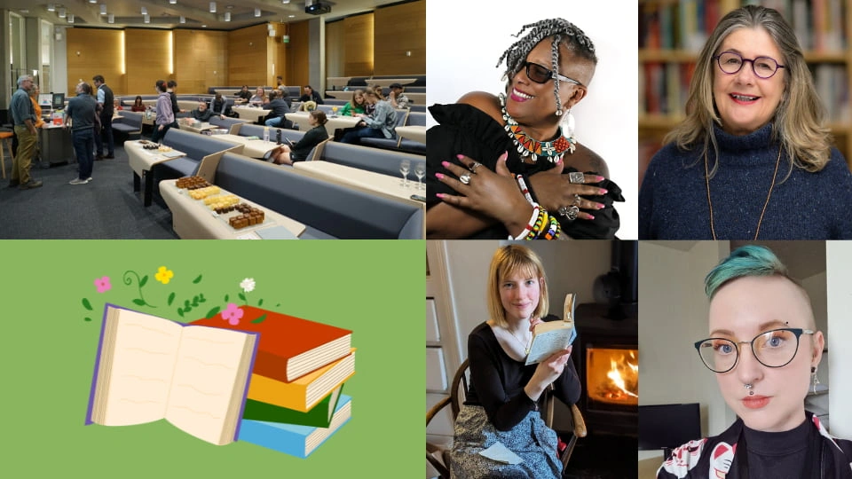 Close-ups of four people alongside an illustration of books and a photo of people in a lecture theatre.