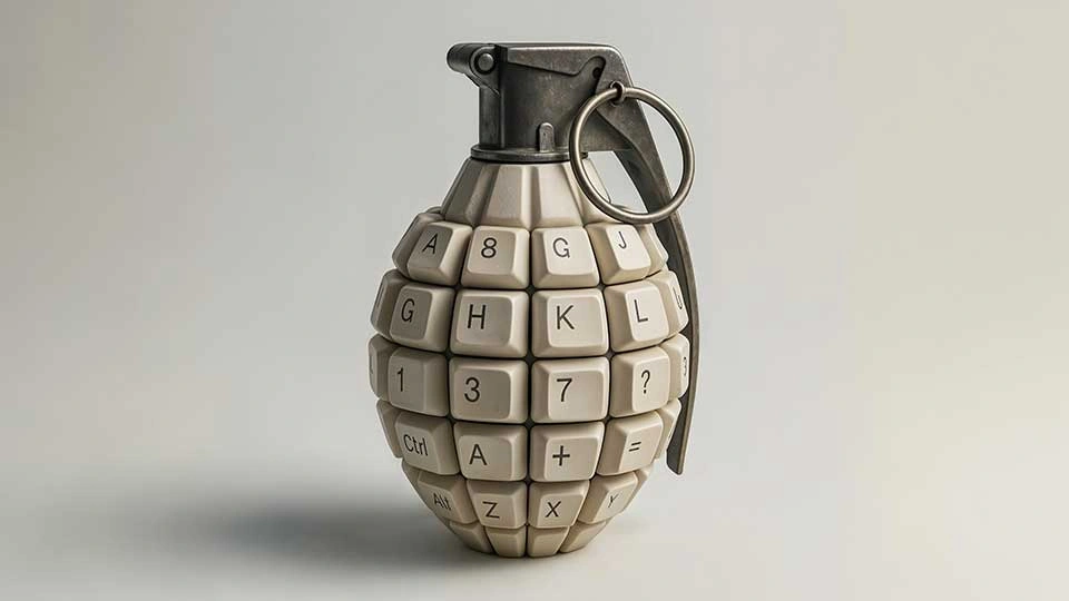 A hand grenade made from computer keyboard keys.