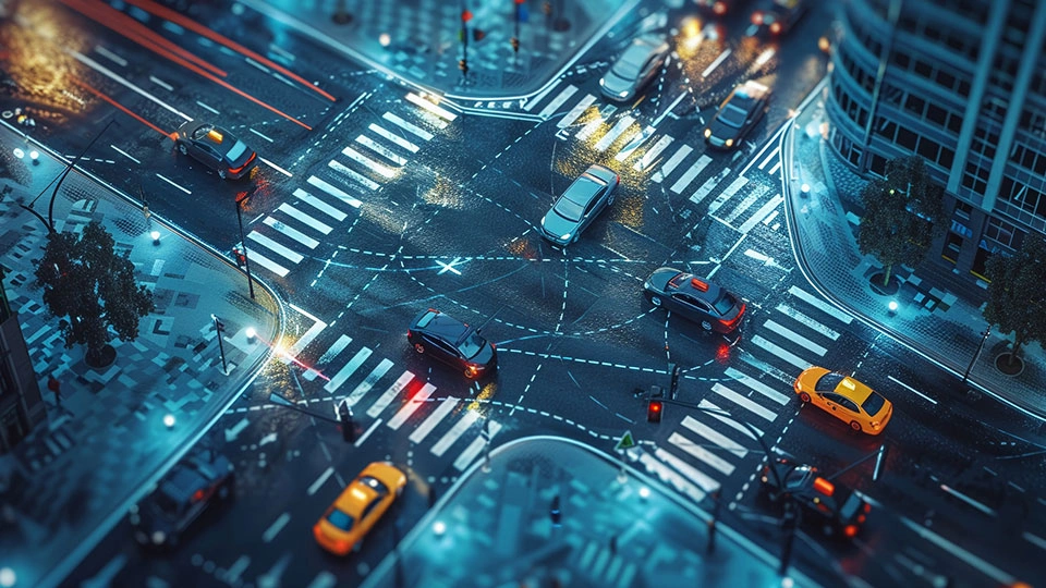 Aerial view of cars on a crossroads.