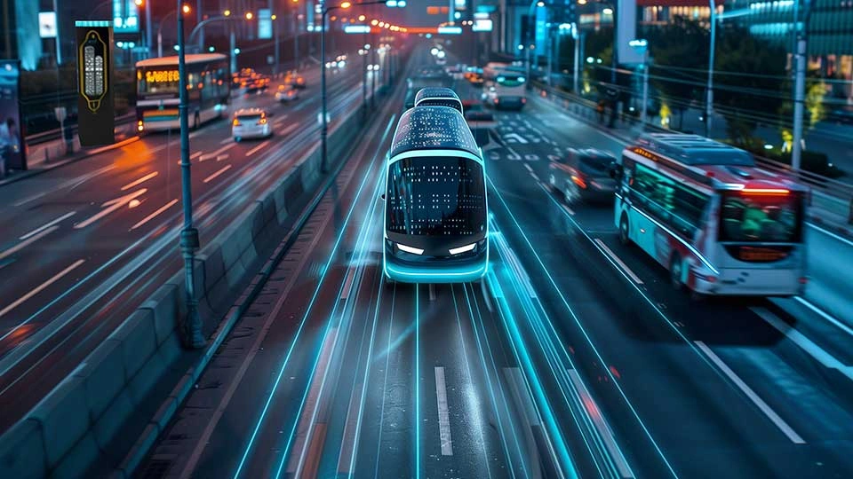 A city street at night featuring a train passing by alongside parked cars under streetlights.