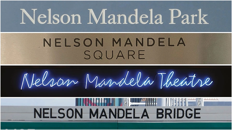 A stack of four place signs named after Nelson Mandela.