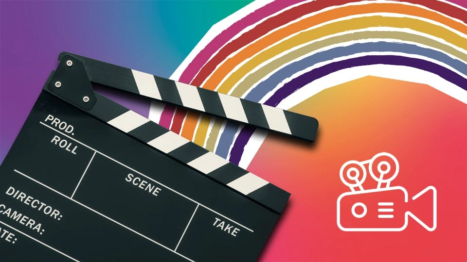 Film clapperboard on a colorful rainbow background with a white camera icon.