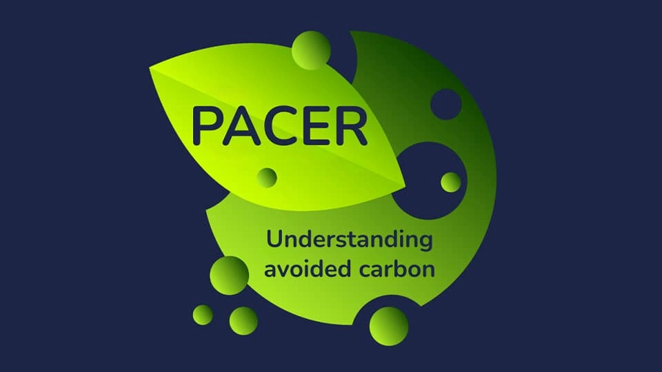 Leaf over a green bubble graphic with 'PACER: Understanding avoided carbon'
