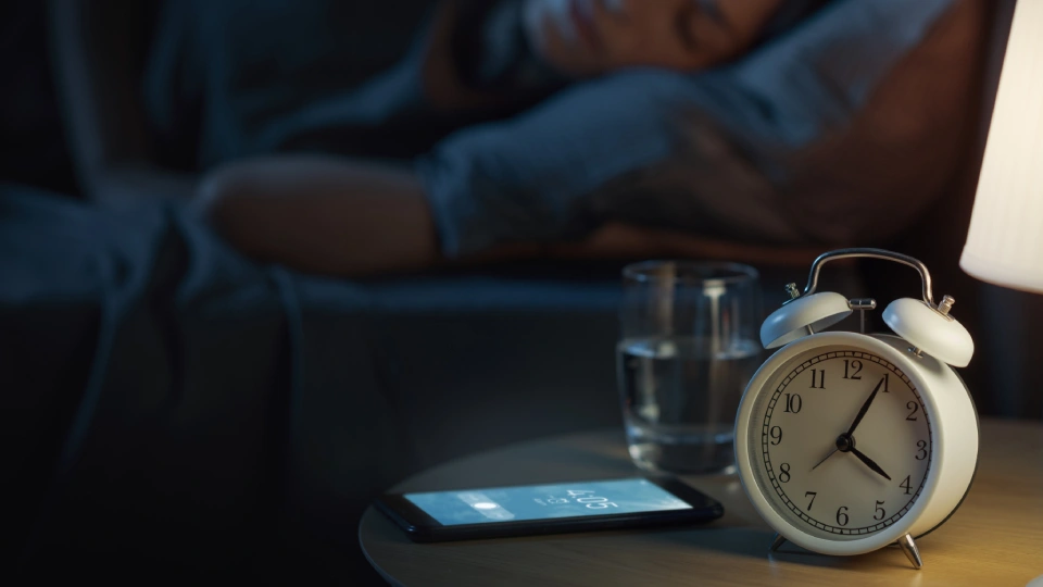 an alarm clock on a bedside table