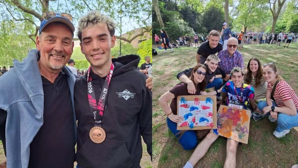 Two images of Charlie Livingstone-Wyre wearing his medal with family and friends after completing the London Marathon.