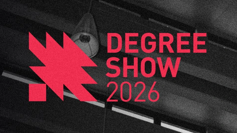 Faded black and white photo of a ceiling light with red text reading 'Degree Show 2026'.