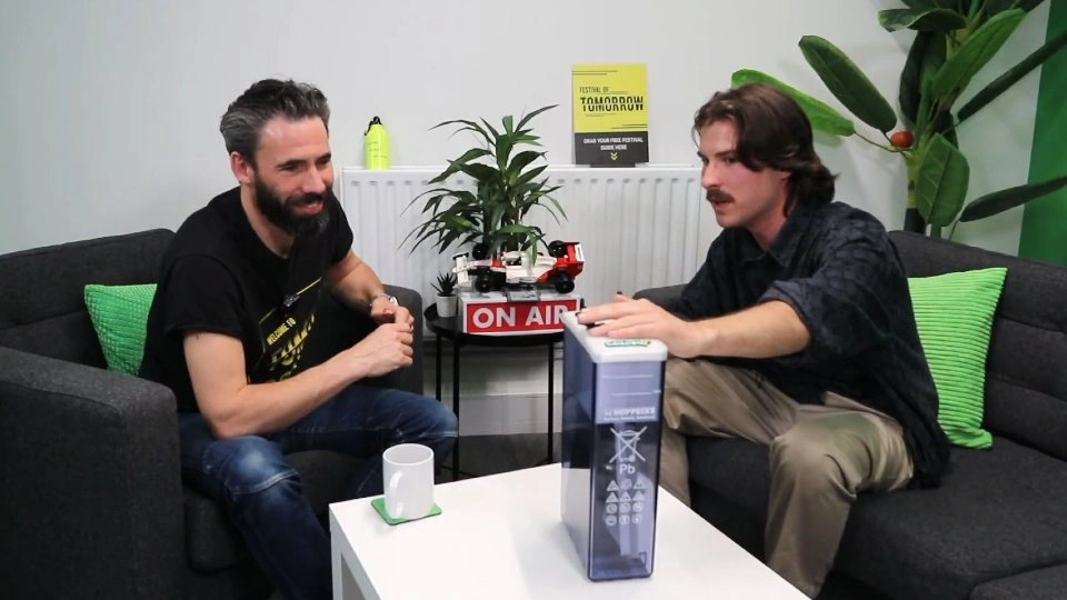 Matt Brenton presenting the battery-electrolyser to Rod Hebden on The Festival of Tomorrow podcast.