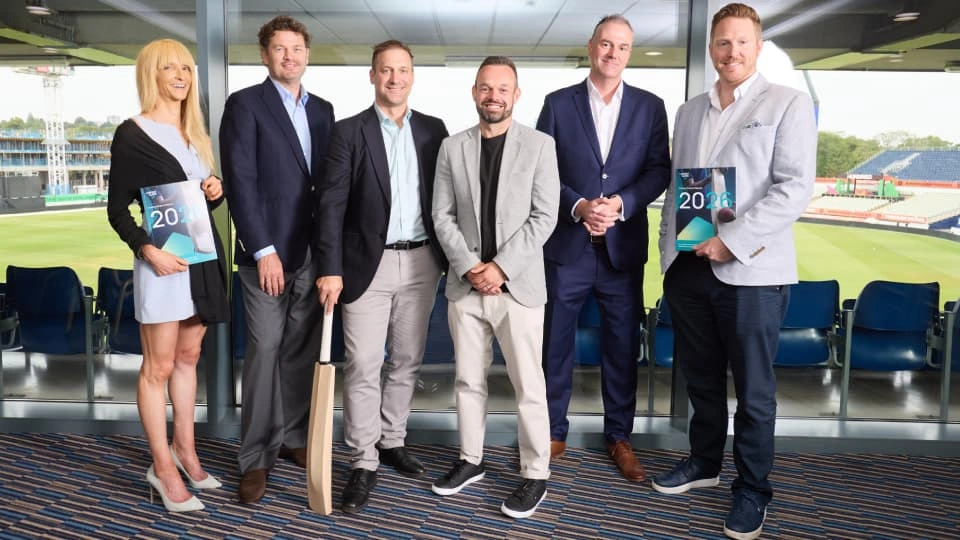 Leonard Curtis Cricket Finance Report 2026 Launches with photo of R Gess Howarth, Alex Cadwallader, David Brown, Dr Dan Plumley, Jonathan Dyson and Professor Rob Wilson