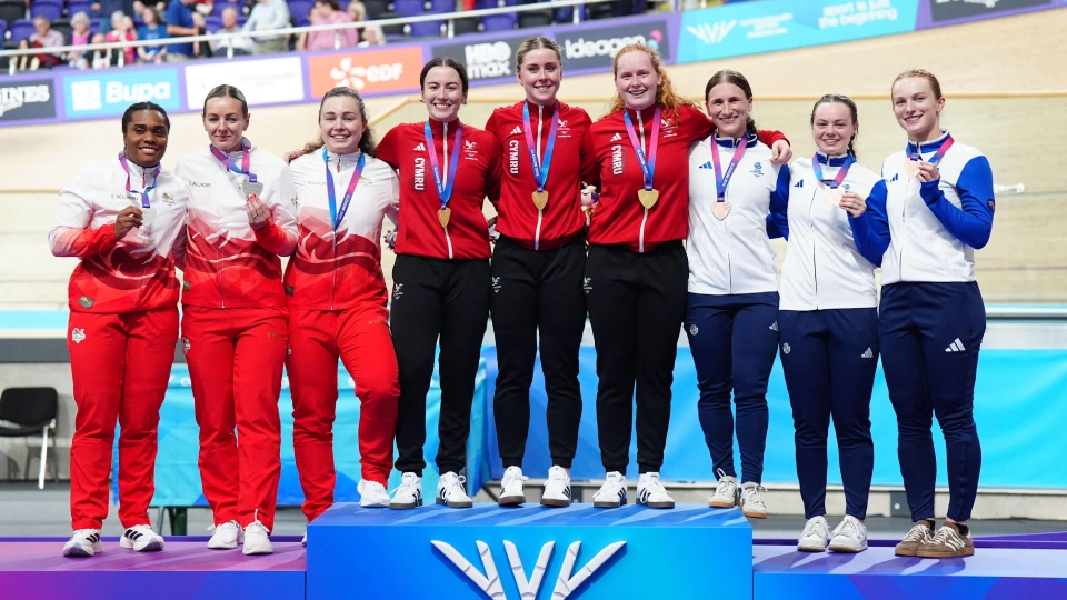 Rhian Edmunds, Emma Finucane, and Lowri Thomas of Wales (gold), Sophie Capewell, Katy Marchant, and Rhianna Parris-Smith of England (silver) and Lauren Bell, Iona Moir, and Maddy Silcock of Scotland (bronze) on the podium for the Women's Team Sprint at 2026 Commonwealth Games.