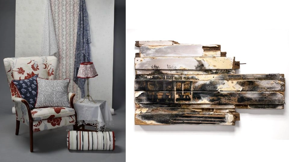 An image of an upholstered armchair, cushion and lampshade with fabric draped behind alongside a photographic transfer on wood.