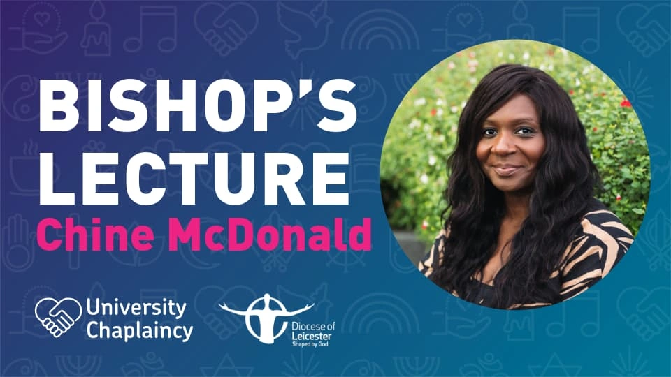 Chine McDonald smiling with text 'Bishop's Lecture, Chine McDonald'
