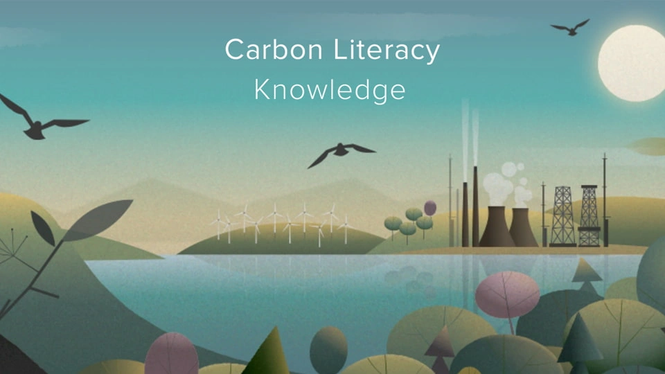 Illustration of a landscape with the text 'Carbon Literacy Knowledge'.