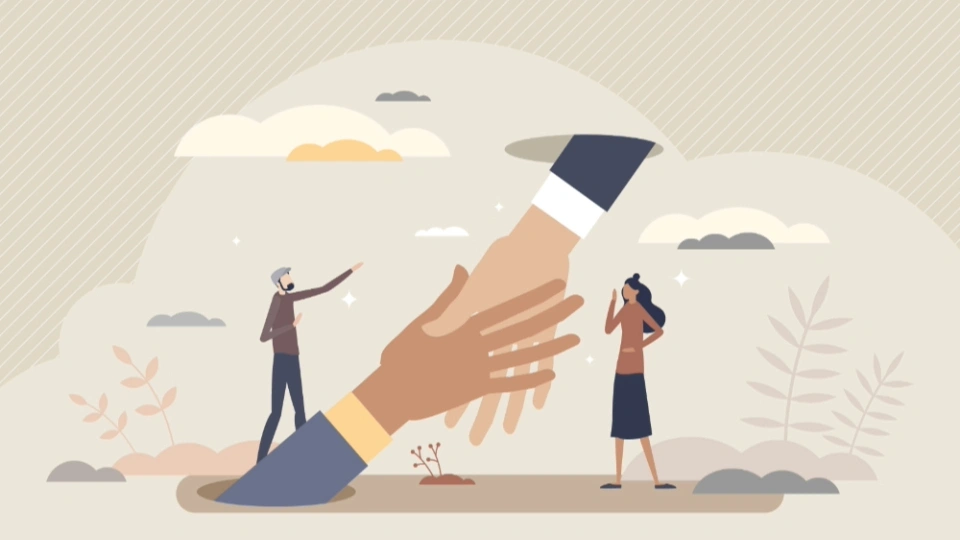 A graphic of two business professionals shaking hands with a clouds in the background.